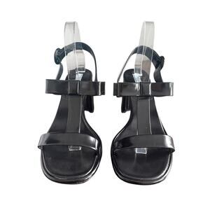 Prada Black Patent Leather T Strap Bow Open Toe Block Heel Sandals 40